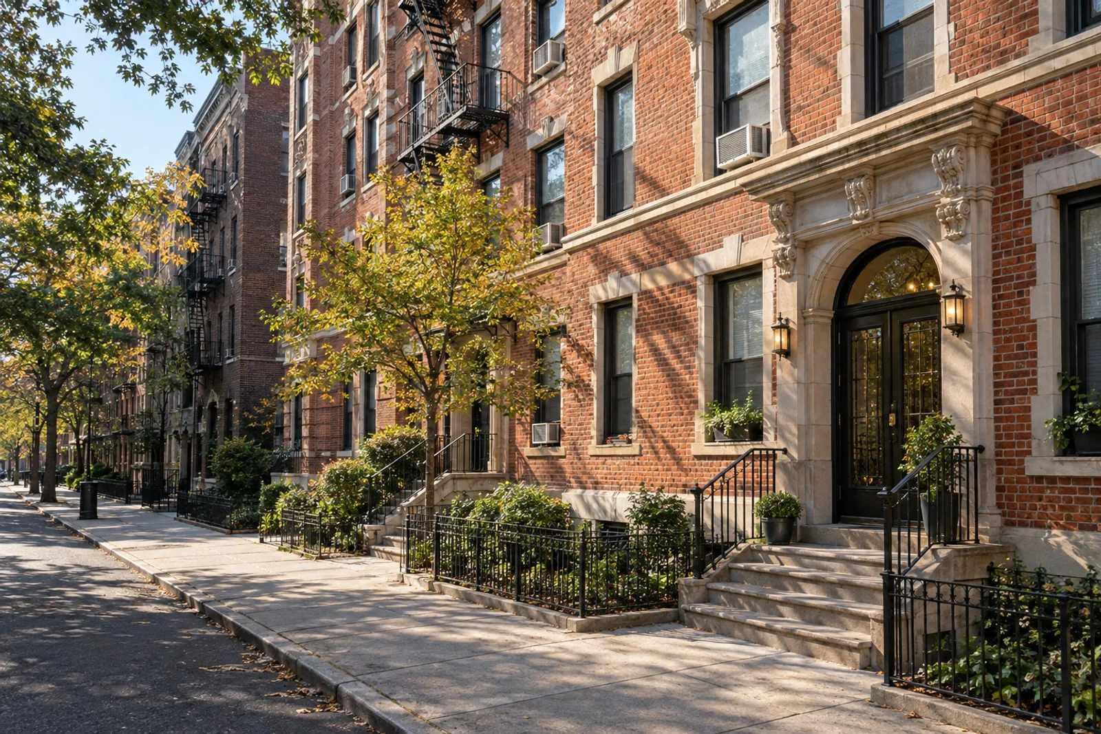 Illustrative Bronx-style brick apartment buildings on a residential street
